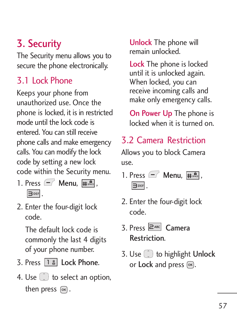 Security, 1 lock phone, 2 camera restriction | LG 235C User Manual | Page 57 / 210