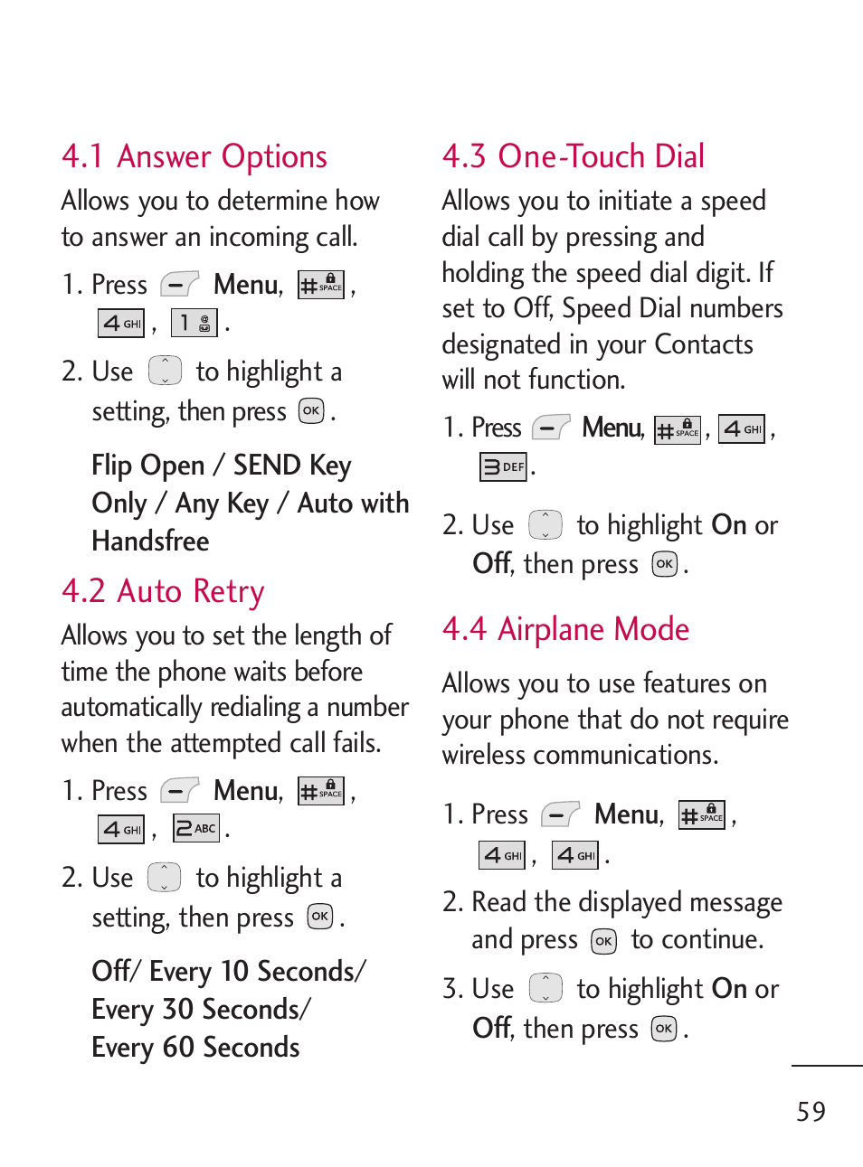 1 answer options, 2 auto retry, 3 one-touch dial | 4 airplane mode | LG 235C User Manual | Page 59 / 210