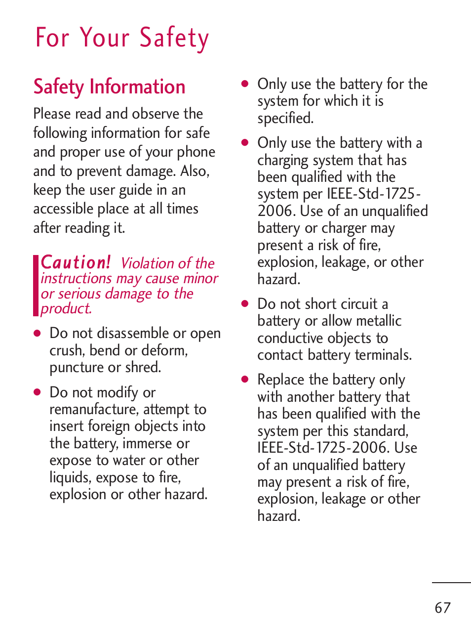 For your safety, Safety information | LG 235C User Manual | Page 67 / 210