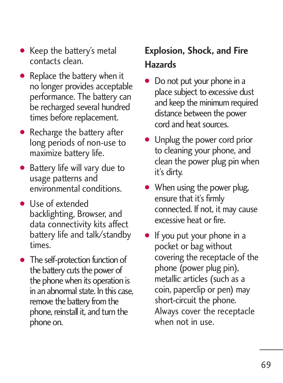 Explosion, shock, and fire hazards, Keep the battery’s metal contacts clean | LG 235C User Manual | Page 69 / 210