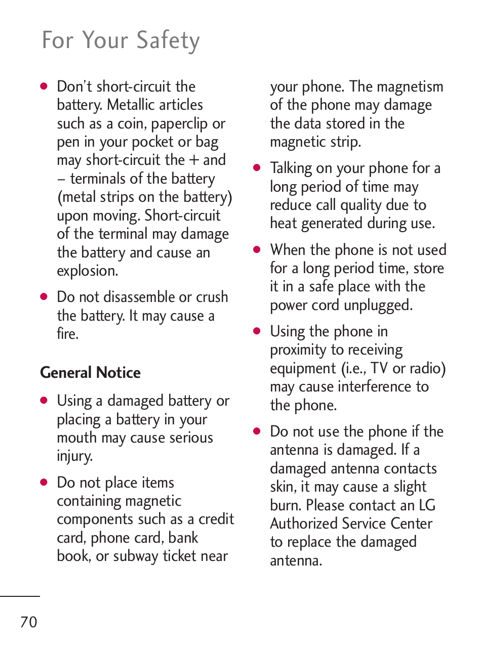 For your safety, General notice | LG 235C User Manual | Page 70 / 210