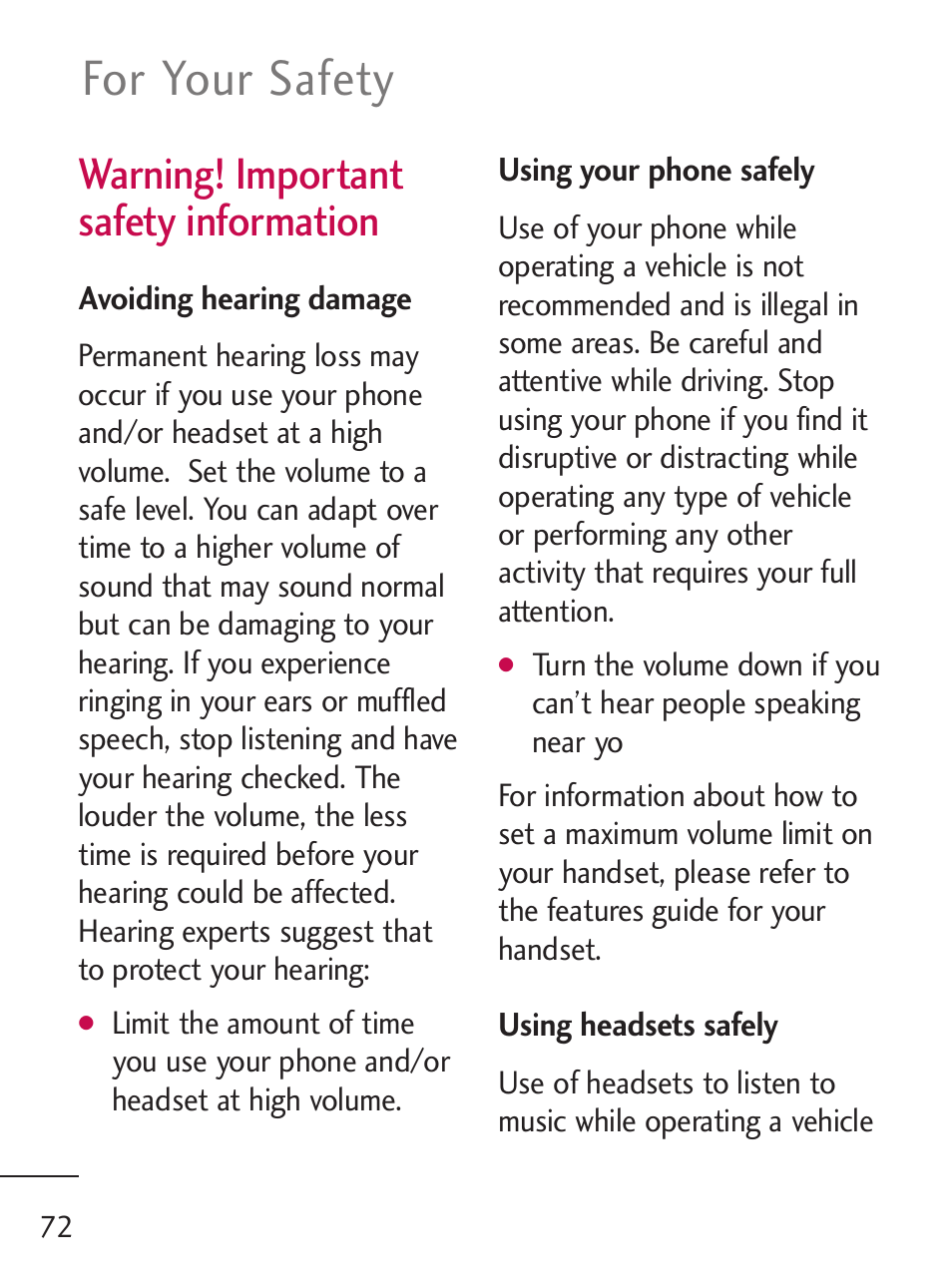 For your safety, Warning! important safety information | LG 235C User Manual | Page 72 / 210