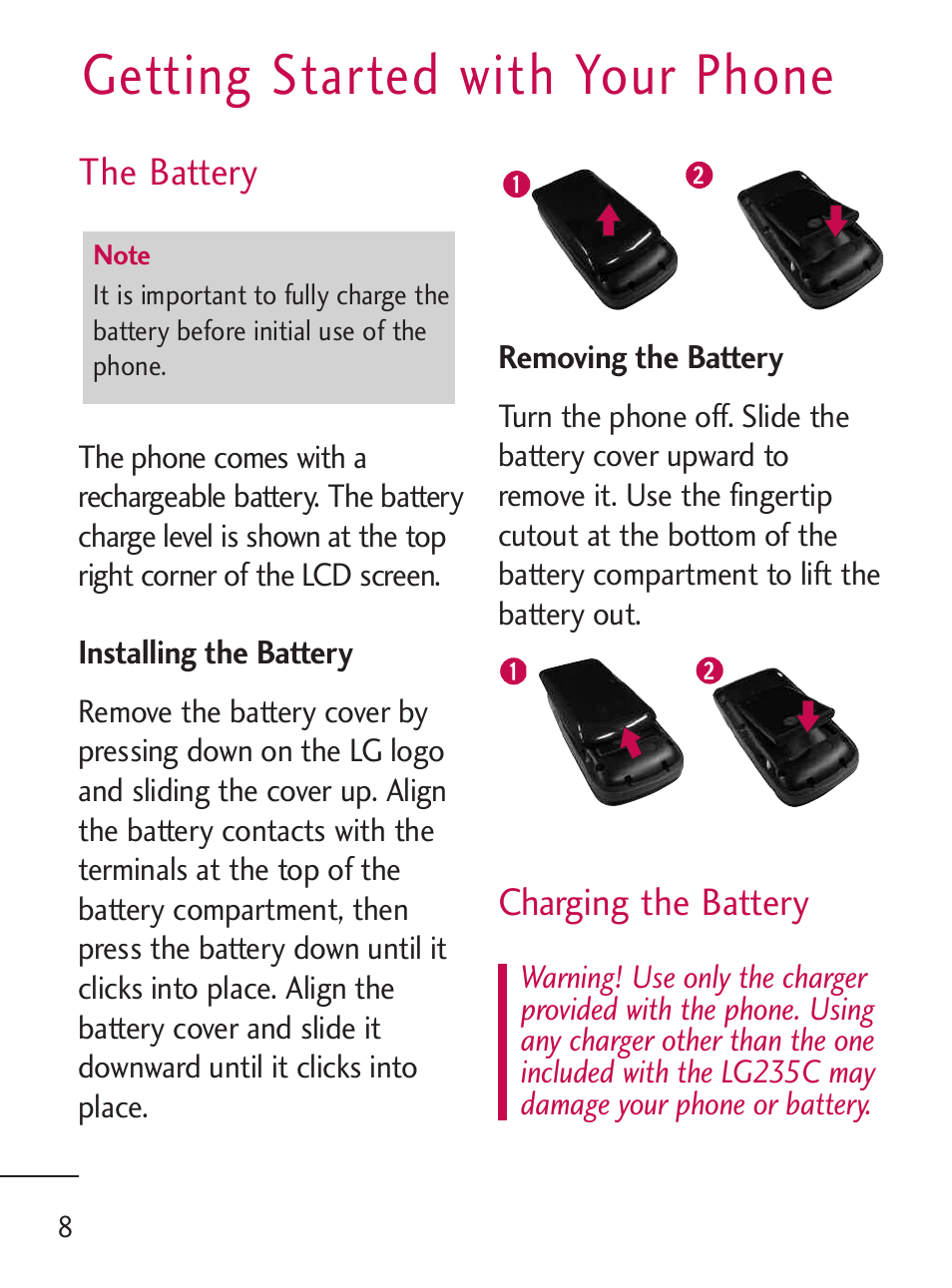 Getting started with your phone | LG 235C User Manual | Page 8 / 210