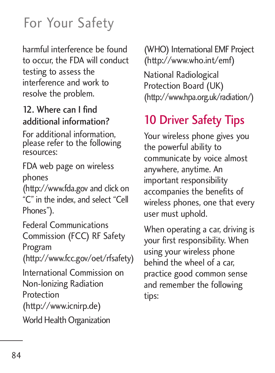 For your safety, 10 driver safety tips | LG 235C User Manual | Page 84 / 210