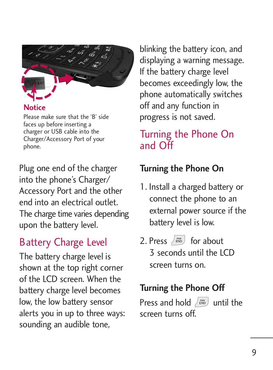 Battery charge level, Turning the phone on and off | LG 235C User Manual | Page 9 / 210