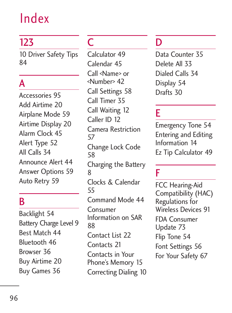 Index | LG 235C User Manual | Page 96 / 210