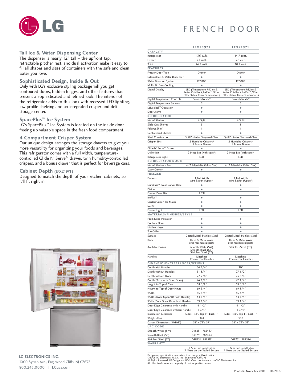 Tall ice & water dispensing center, Sophisticated design, inside & out, Spaceplus | Ice system, 4 compartment crisper system, Cabinet depth, Lg’s spaceplus | LG LFX21971 User Manual | Page 2 / 2