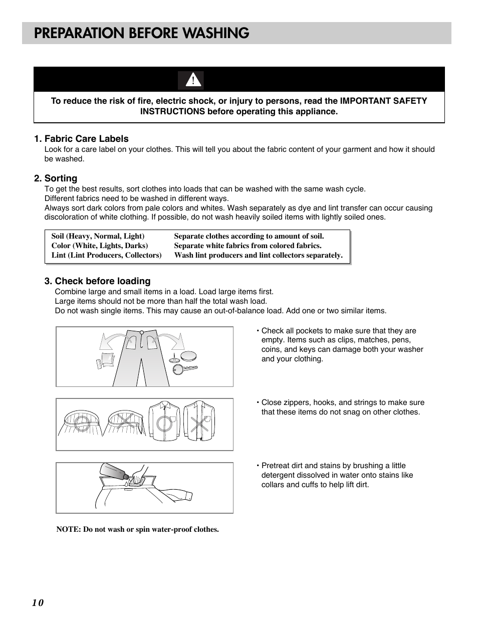 Warning, Preparation before washing | LG WM1812CW User Manual | Page 10 / 45