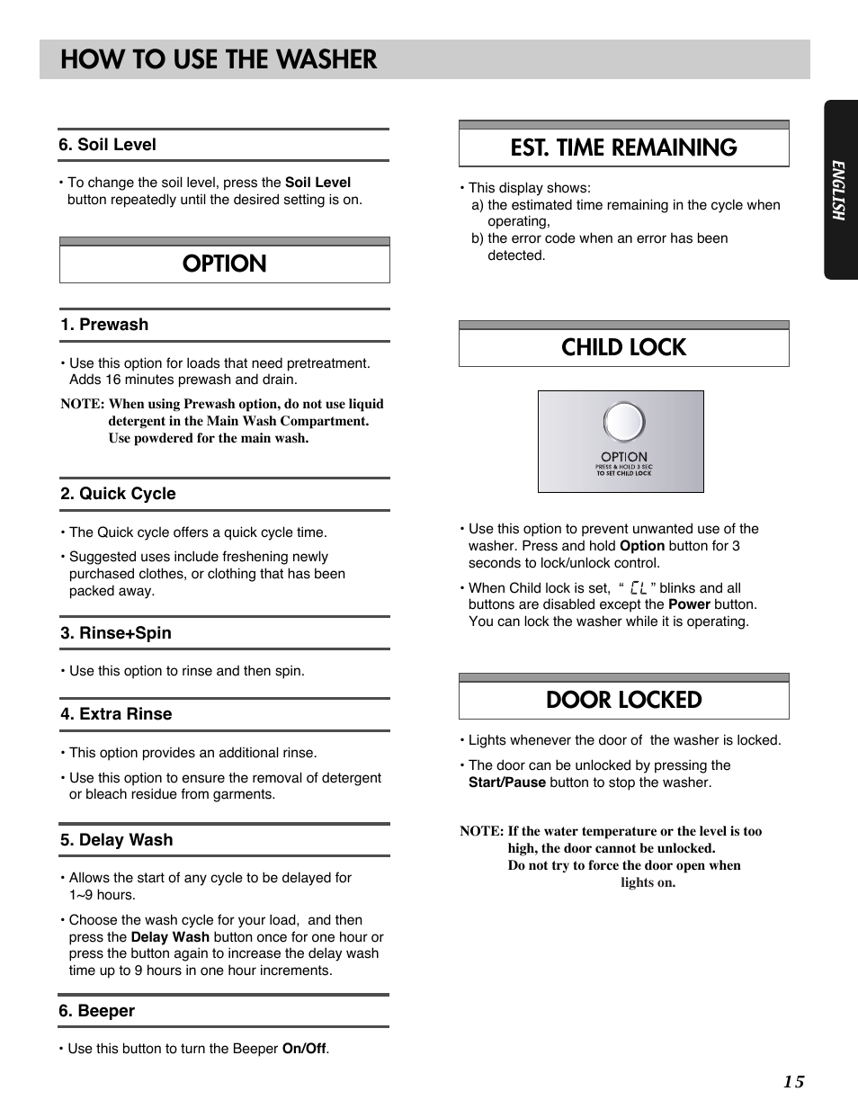 How to use the washer, Option child lock door locked, Est. time remaining | LG WM1812CW User Manual | Page 15 / 45