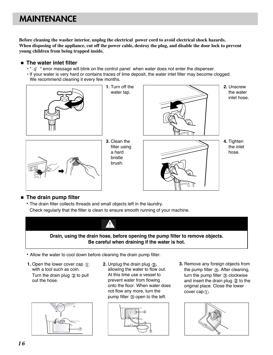 Caution, Maintenance | LG WM1812CW User Manual | Page 16 / 45