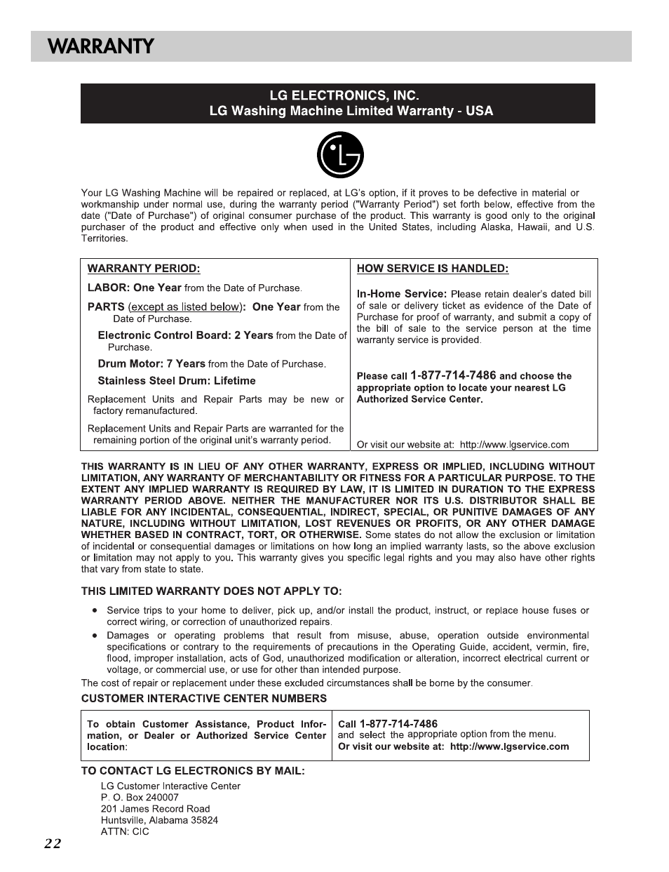 Warranty | LG WM1812CW User Manual | Page 22 / 45