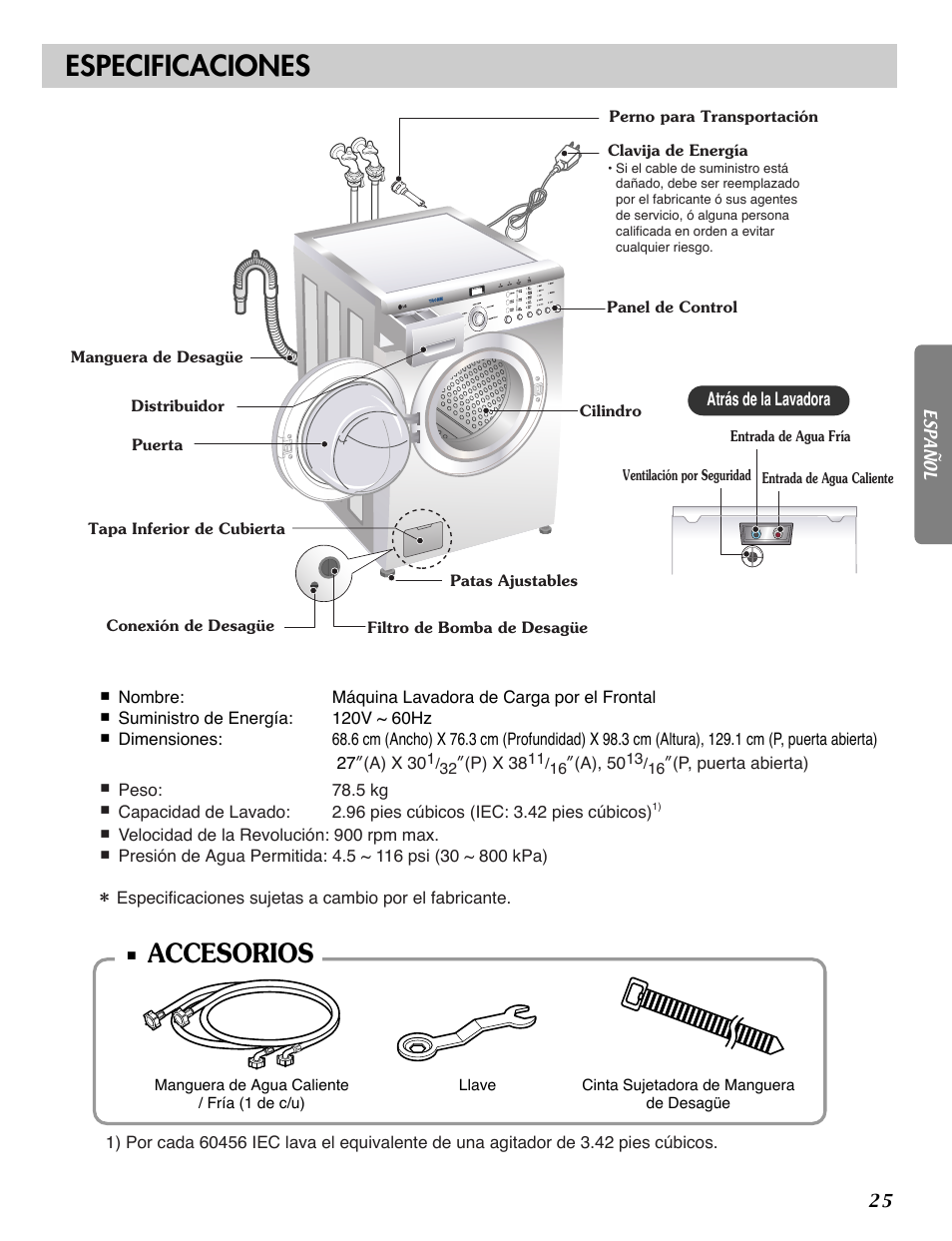 Especificaciones, Accesorios | LG WM1812CW User Manual | Page 26 / 45