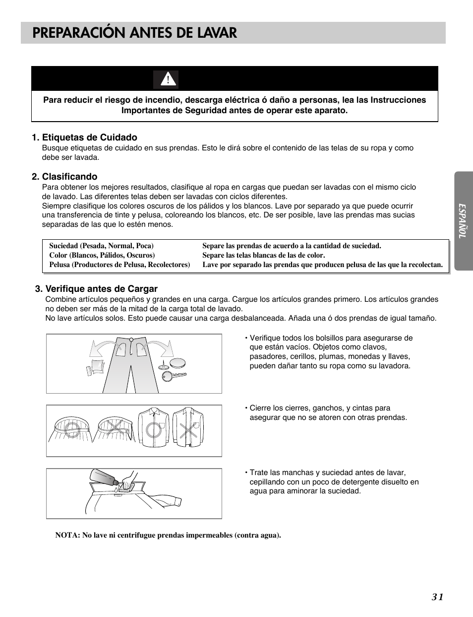 Advertencia, Preparación antes de lavar | LG WM1812CW User Manual | Page 32 / 45