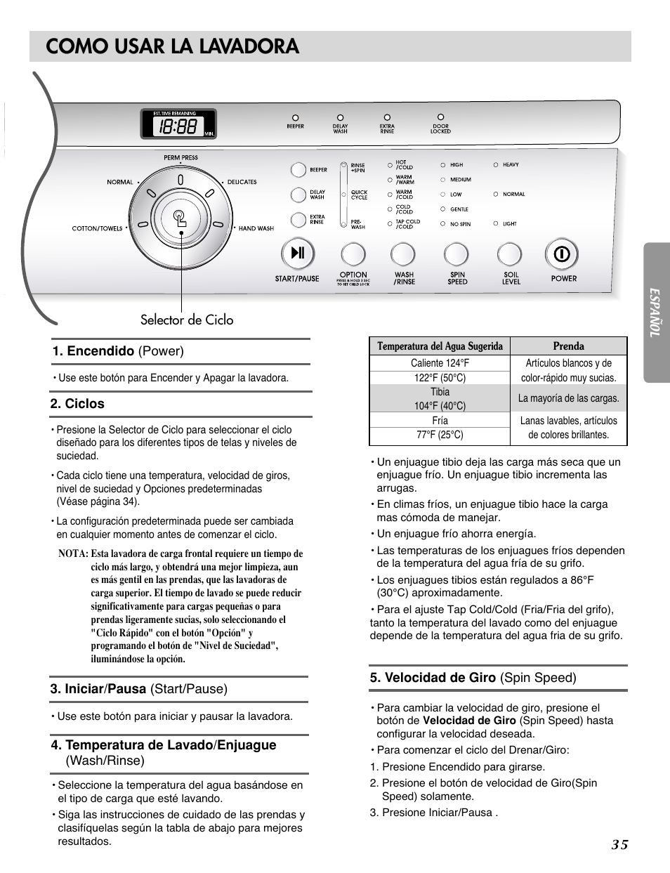 Como usar la lavadora | LG WM1812CW User Manual | Page 36 / 45