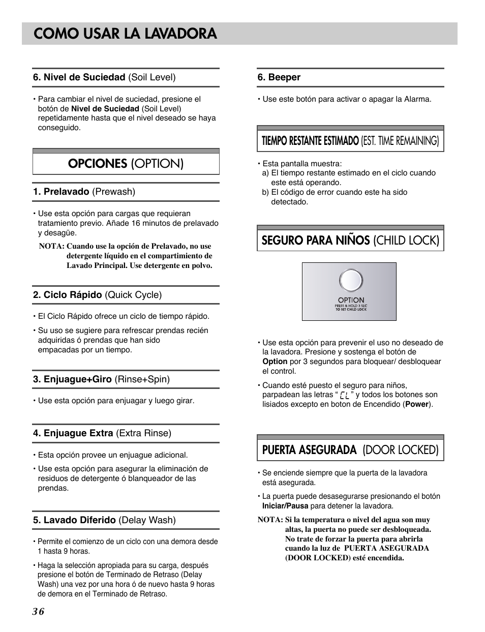 Como usar la lavadora, Tiempo restante estimado (est. time remaining) | LG WM1812CW User Manual | Page 37 / 45