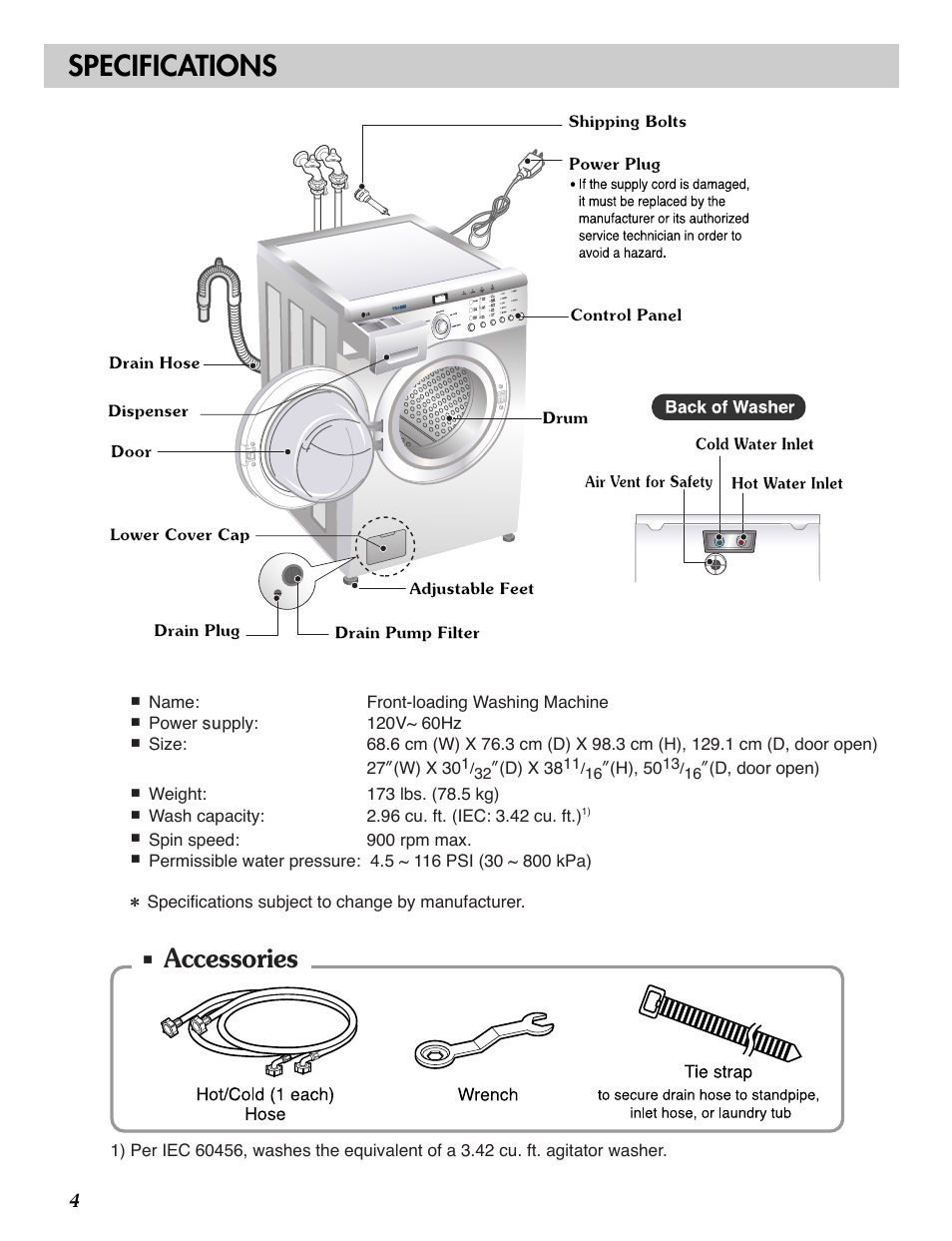 Specifications, Accessories | LG WM1812CW User Manual | Page 4 / 45