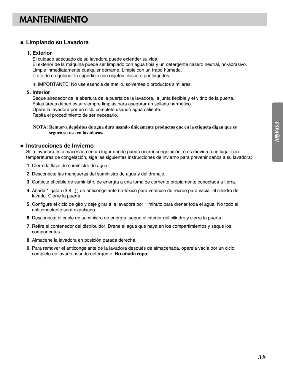 Mantenimiento | LG WM1812CW User Manual | Page 40 / 45