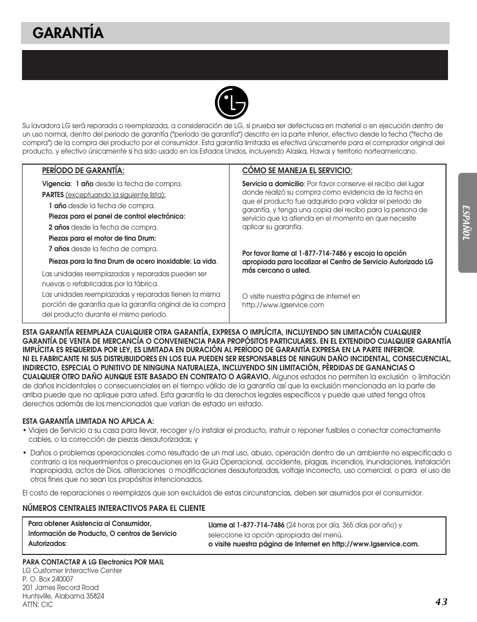 Garantía | LG WM1812CW User Manual | Page 44 / 45