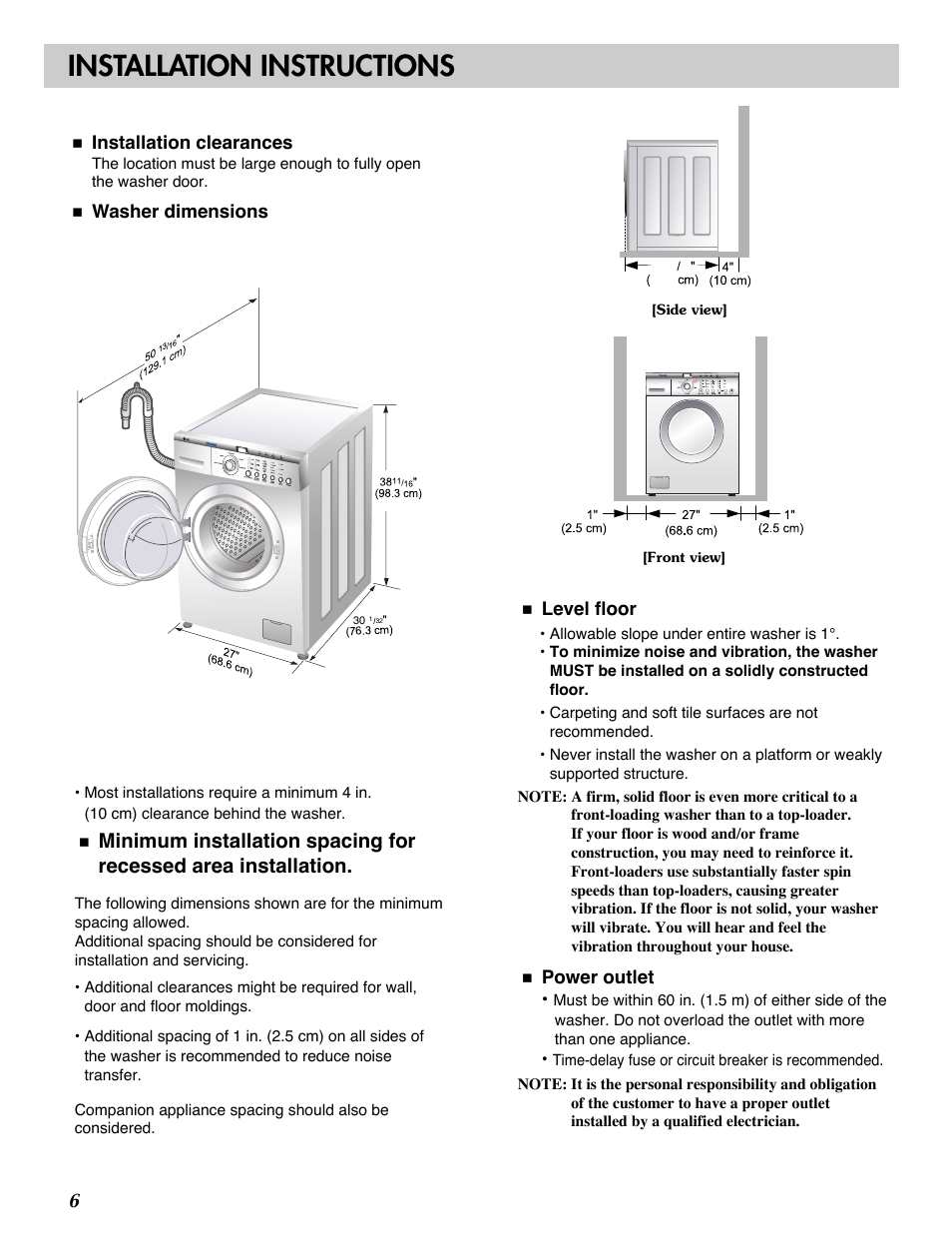 Installation instructions | LG WM1812CW User Manual | Page 6 / 45