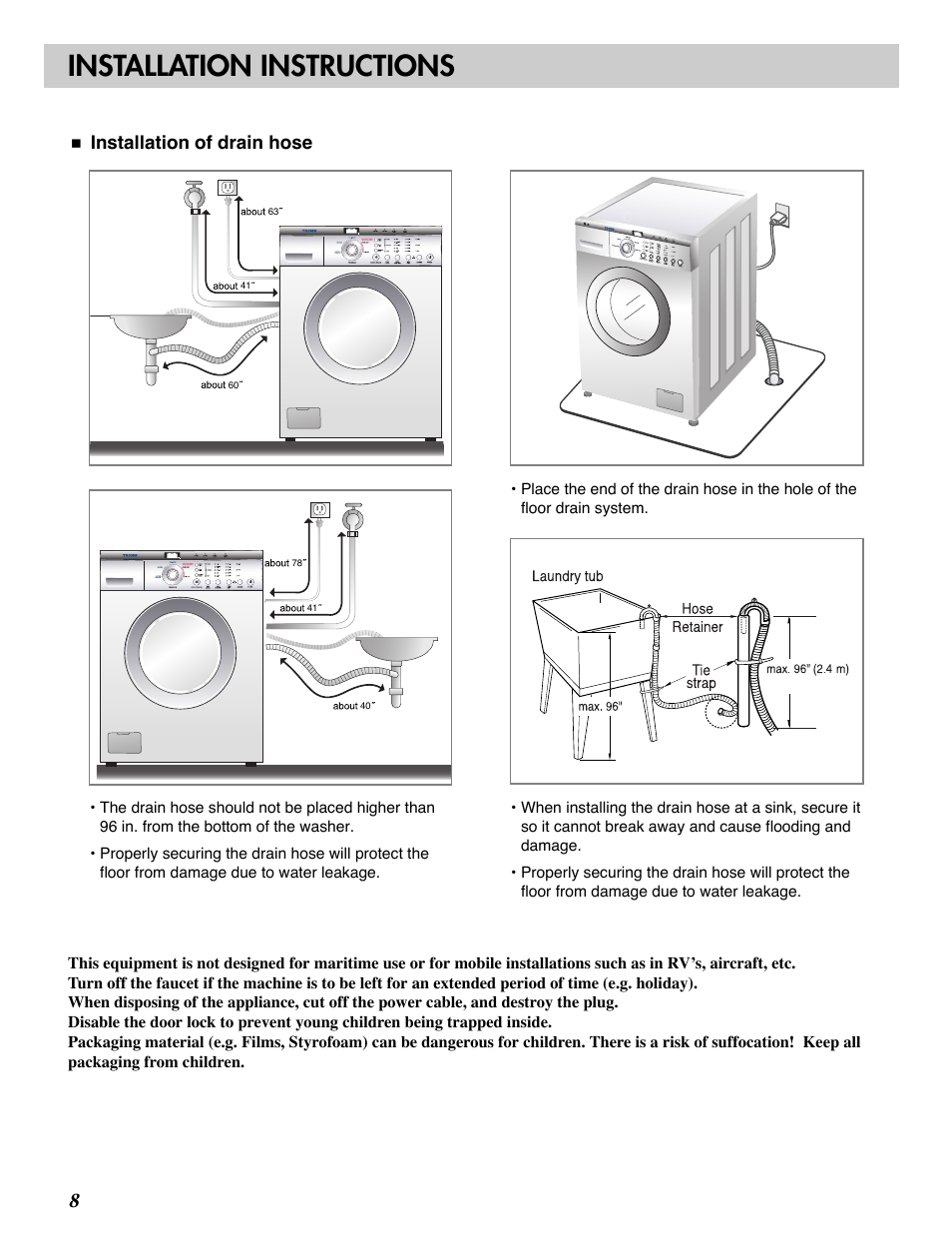 Installation instructions, Installation of drain hose | LG WM1812CW User Manual | Page 8 / 45