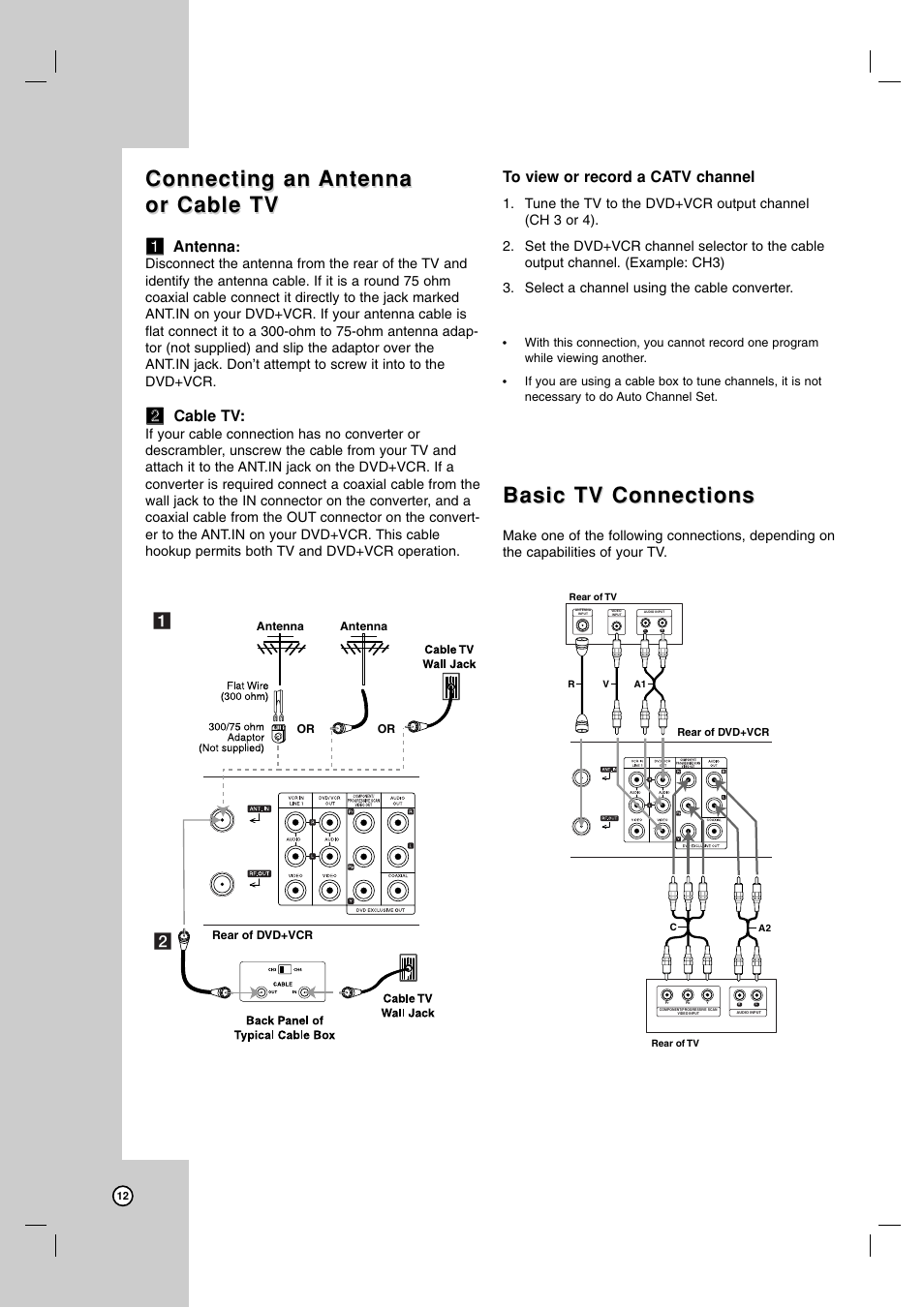 Connecting an, Basic tv connections, Aa antenna | Bb cable tv | LG LDX-514 User Manual | Page 12 / 43