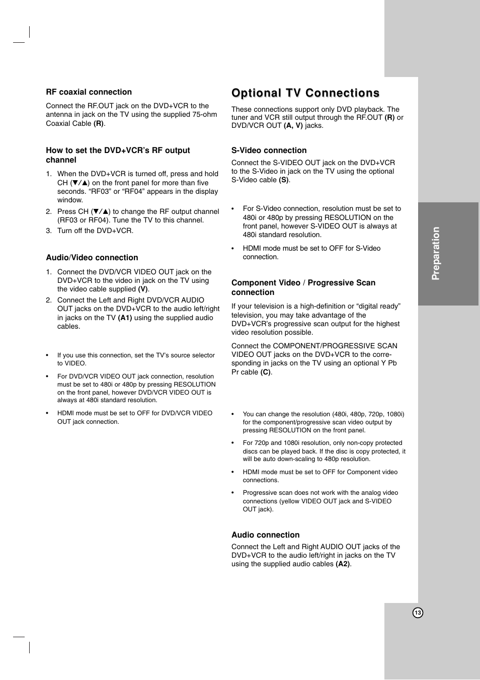 Optional tv connections, Preparation | LG LDX-514 User Manual | Page 13 / 43