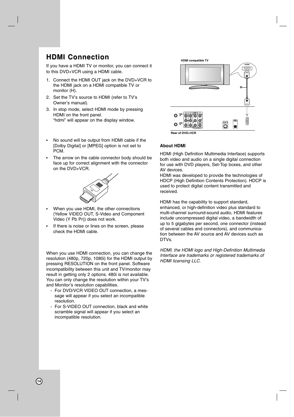 Hdmi connection | LG LDX-514 User Manual | Page 14 / 43