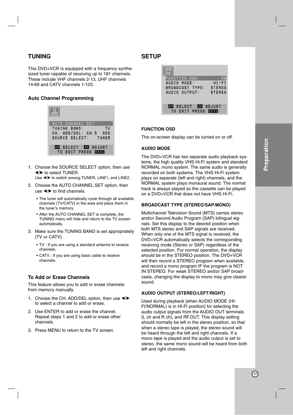 Preparation tuning, Setup | LG LDX-514 User Manual | Page 17 / 43