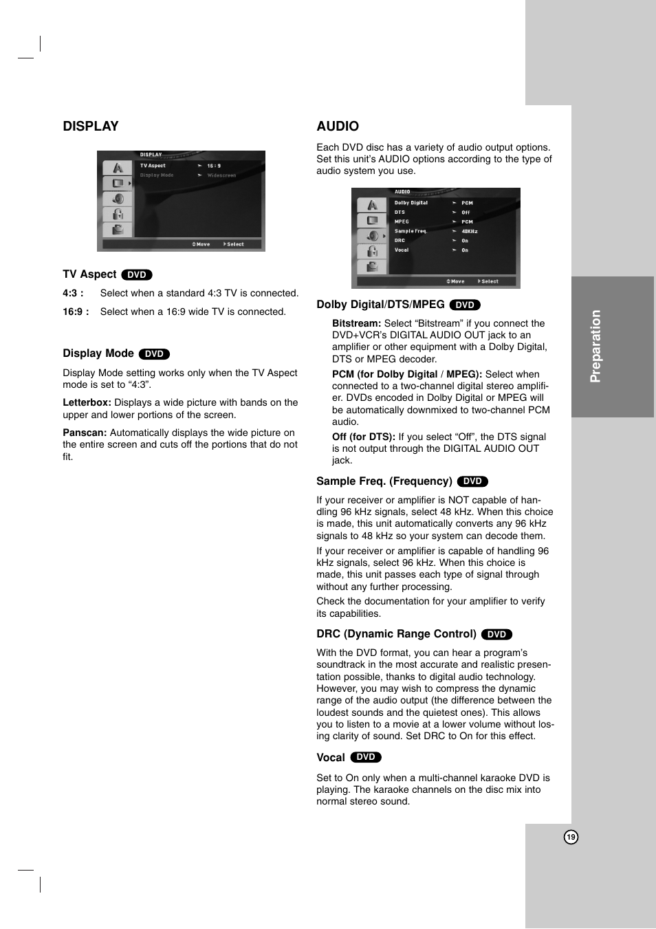 Preparation display, Audio | LG LDX-514 User Manual | Page 19 / 43