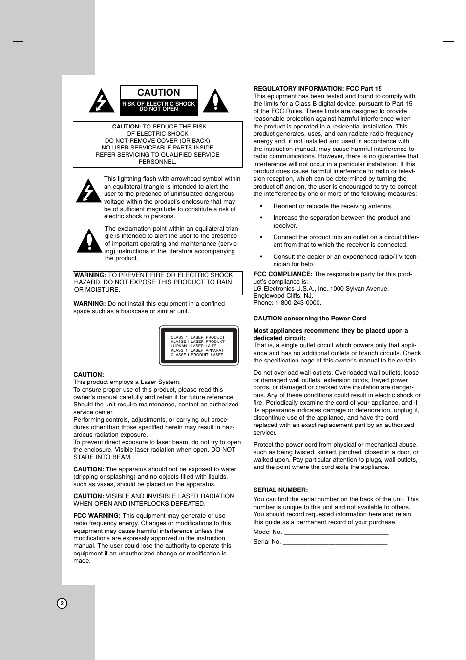 Caution | LG LDX-514 User Manual | Page 2 / 43