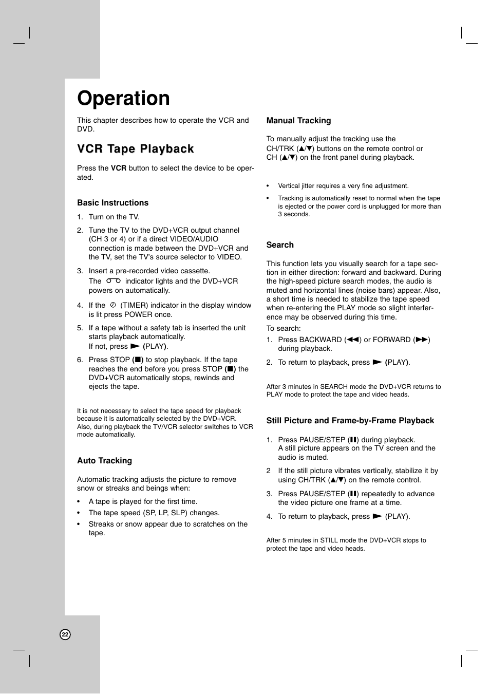 Operation, Vcr t, Vcr t ape playback ape playback | LG LDX-514 User Manual | Page 22 / 43