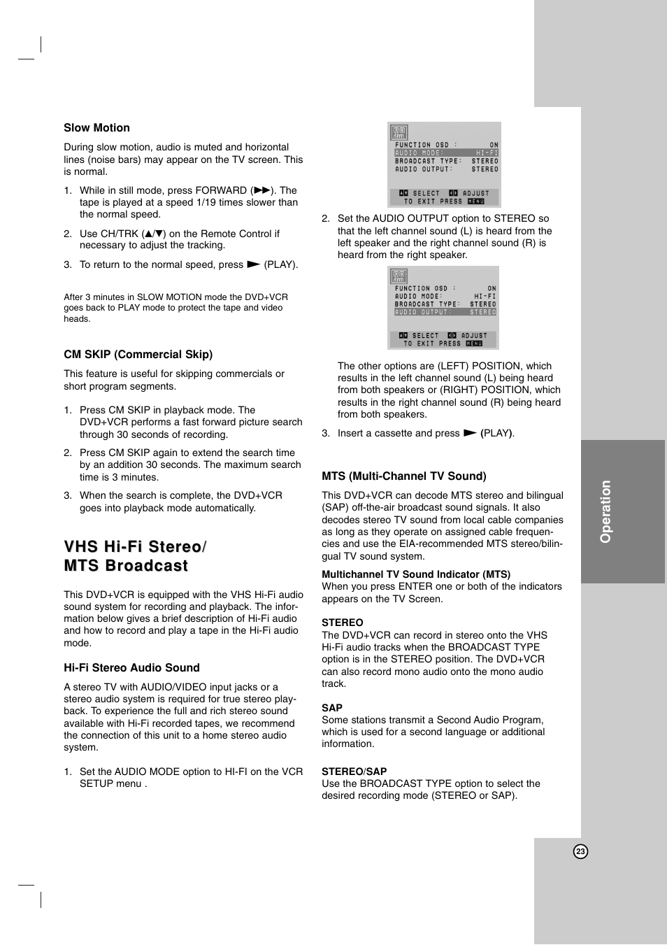 Vhs hi-fi stereo, Vhs hi-fi stereo/ mts broadcast mts broadcast, Operation | LG LDX-514 User Manual | Page 23 / 43