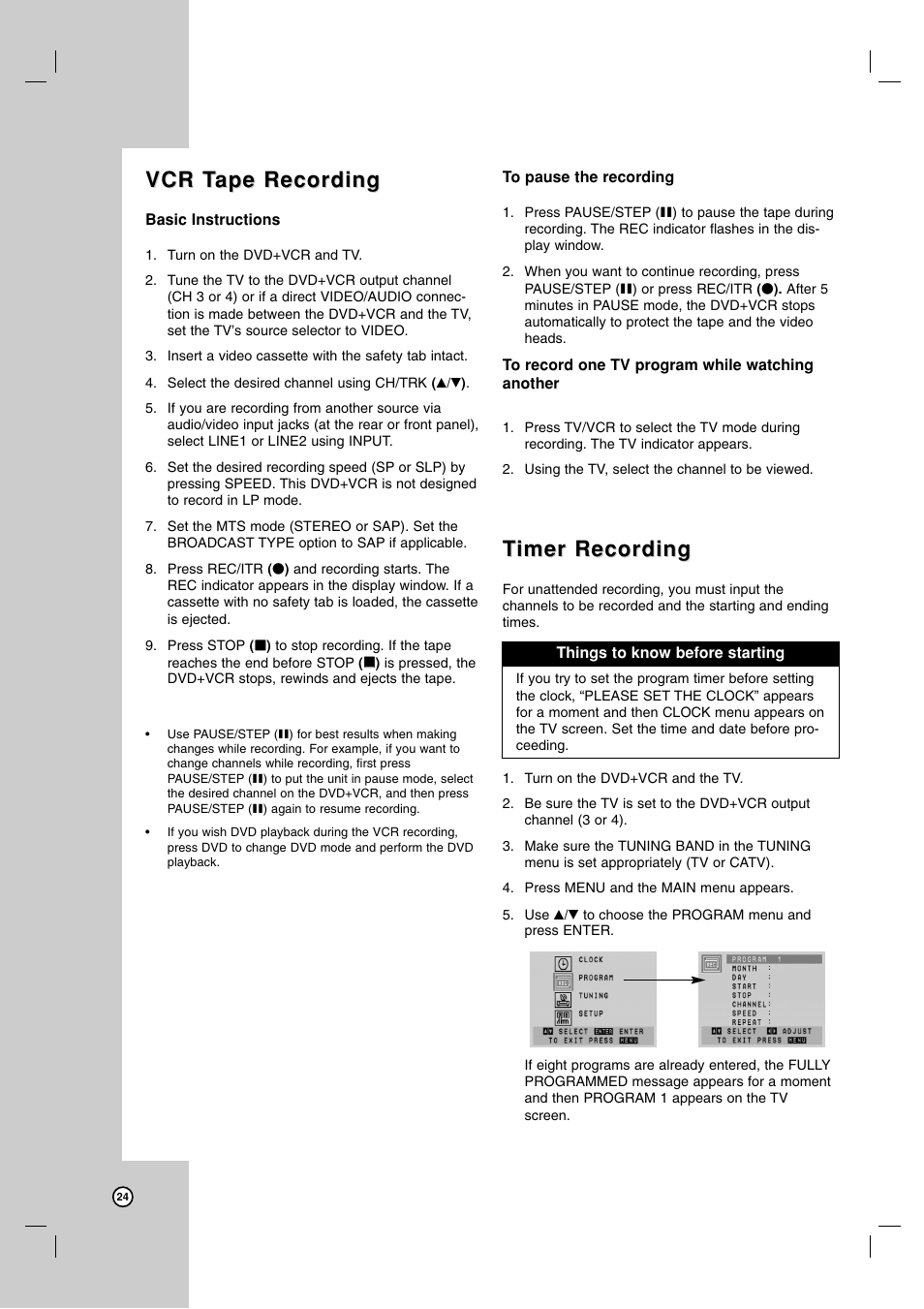 Vcr t, Vcr t ape recording ape recording, Timer recording imer recording | LG LDX-514 User Manual | Page 24 / 43