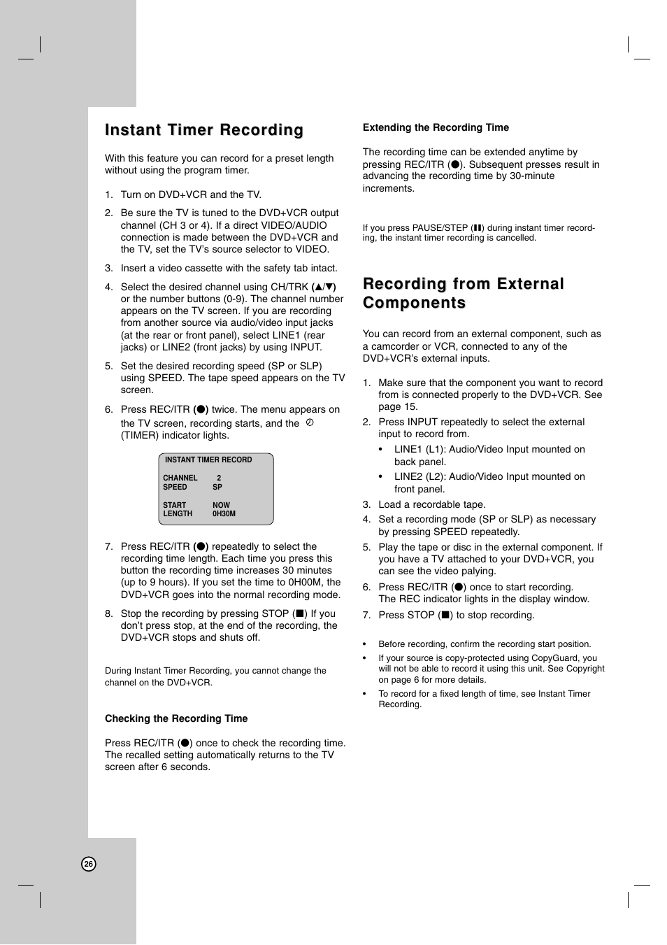 Instant t, Instant t imer recording imer recording, Recording from external | Recording from external components components | LG LDX-514 User Manual | Page 26 / 43