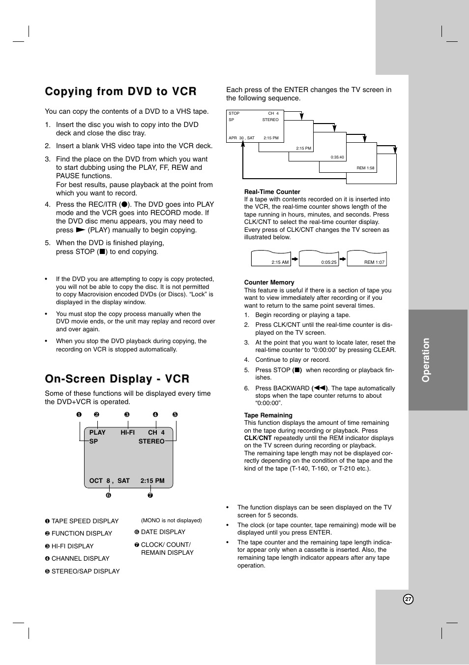 Copying from dvd to vcr, On-screen display - vcr, Operation | LG LDX-514 User Manual | Page 27 / 43