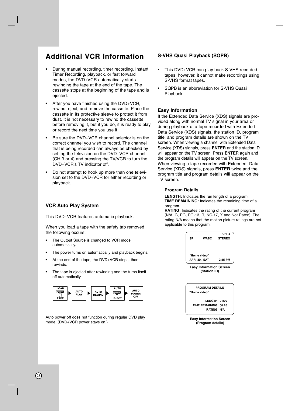 Additional vcr information, Vcr auto play system, S-vhs quasi playback (sqpb) | Easy information | LG LDX-514 User Manual | Page 28 / 43