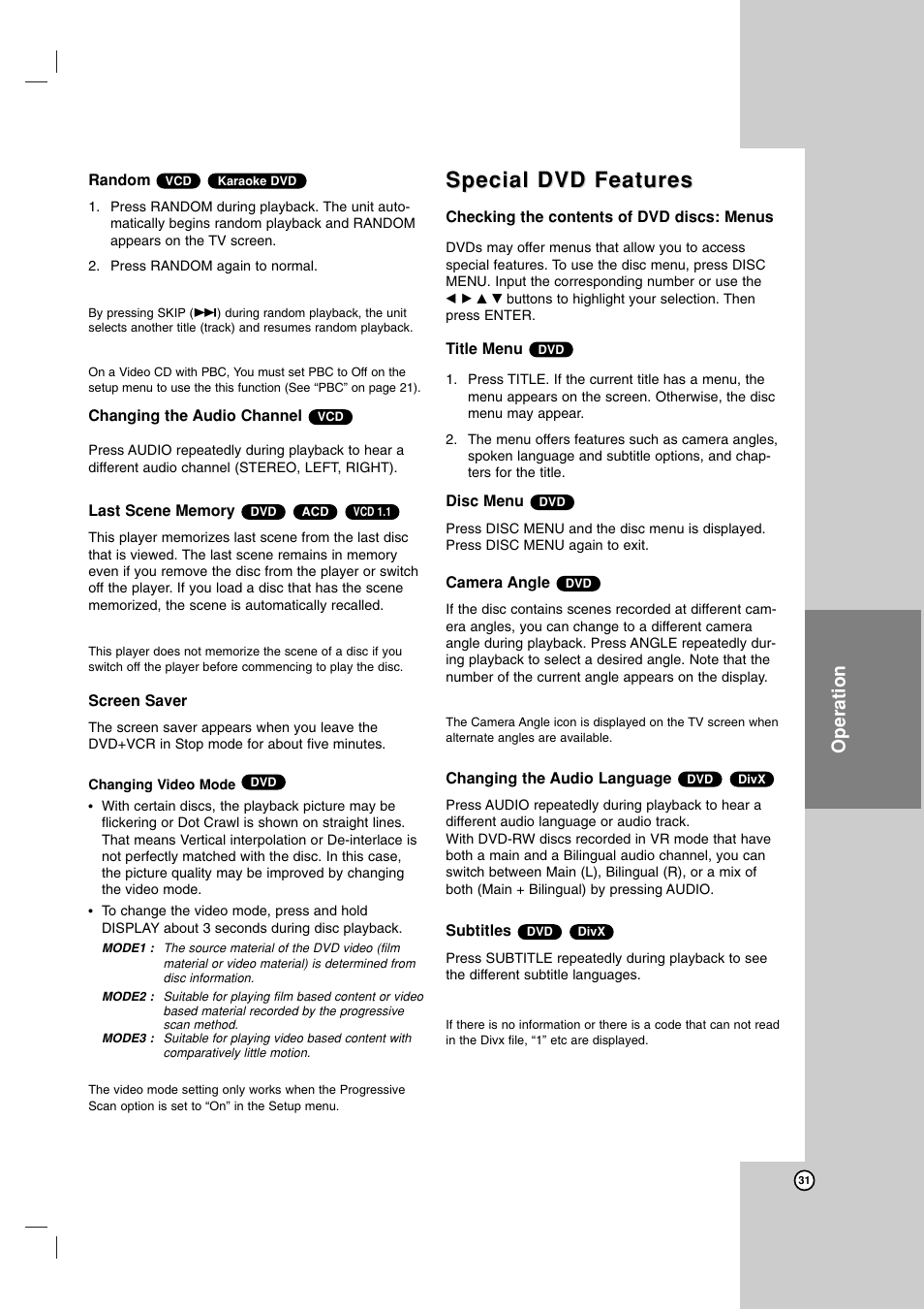 Special dvd features, Operation | LG LDX-514 User Manual | Page 31 / 43