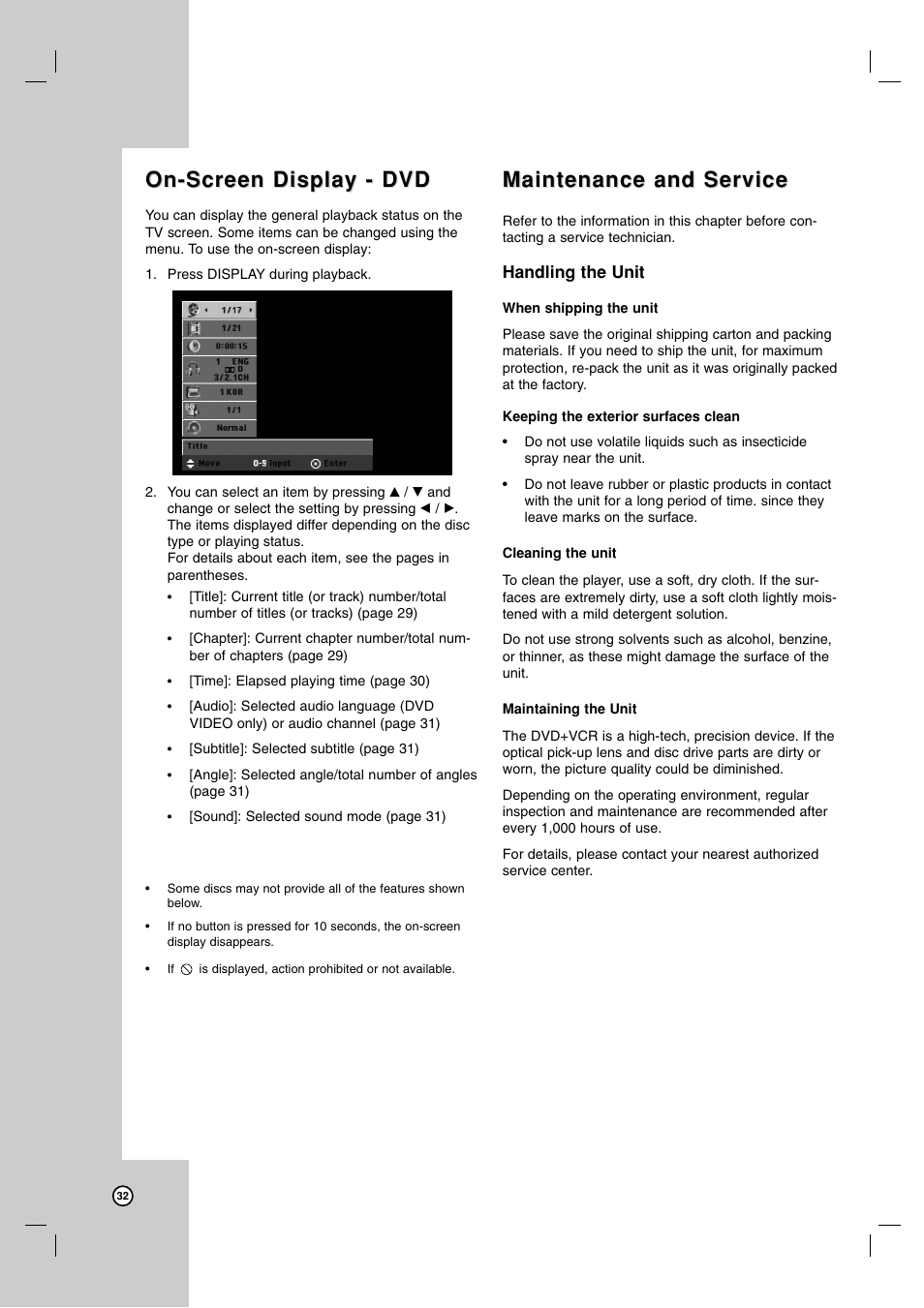 On-screen display - dvd, Maintenance and service | LG LDX-514 User Manual | Page 32 / 43