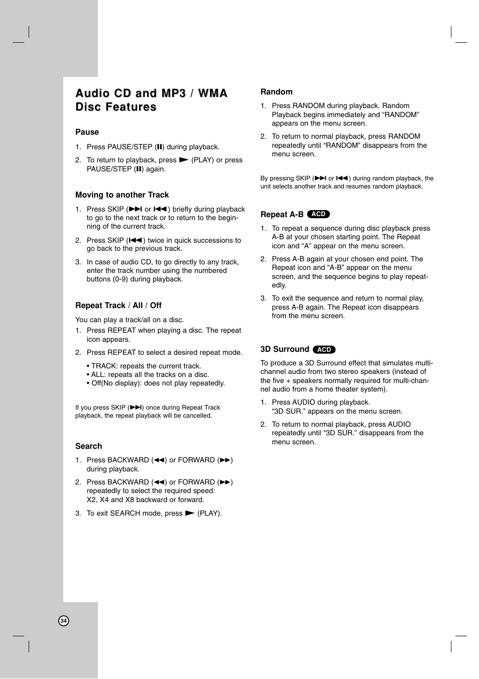 Audio cd and mp3 / wma, Audio cd and mp3 / wma disc features disc features | LG LDX-514 User Manual | Page 34 / 43