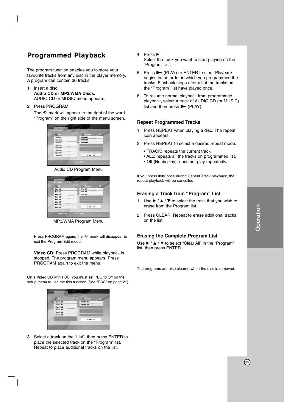 Programmed playback, Operation | LG LDX-514 User Manual | Page 35 / 43