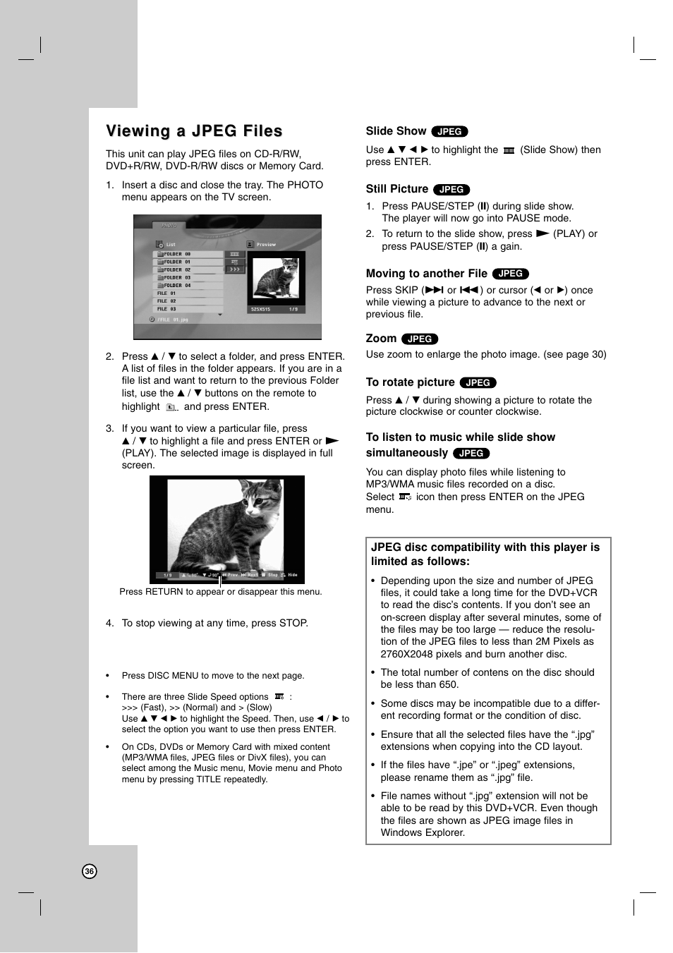 Viewing a jpeg files iewing a jpeg files | LG LDX-514 User Manual | Page 36 / 43
