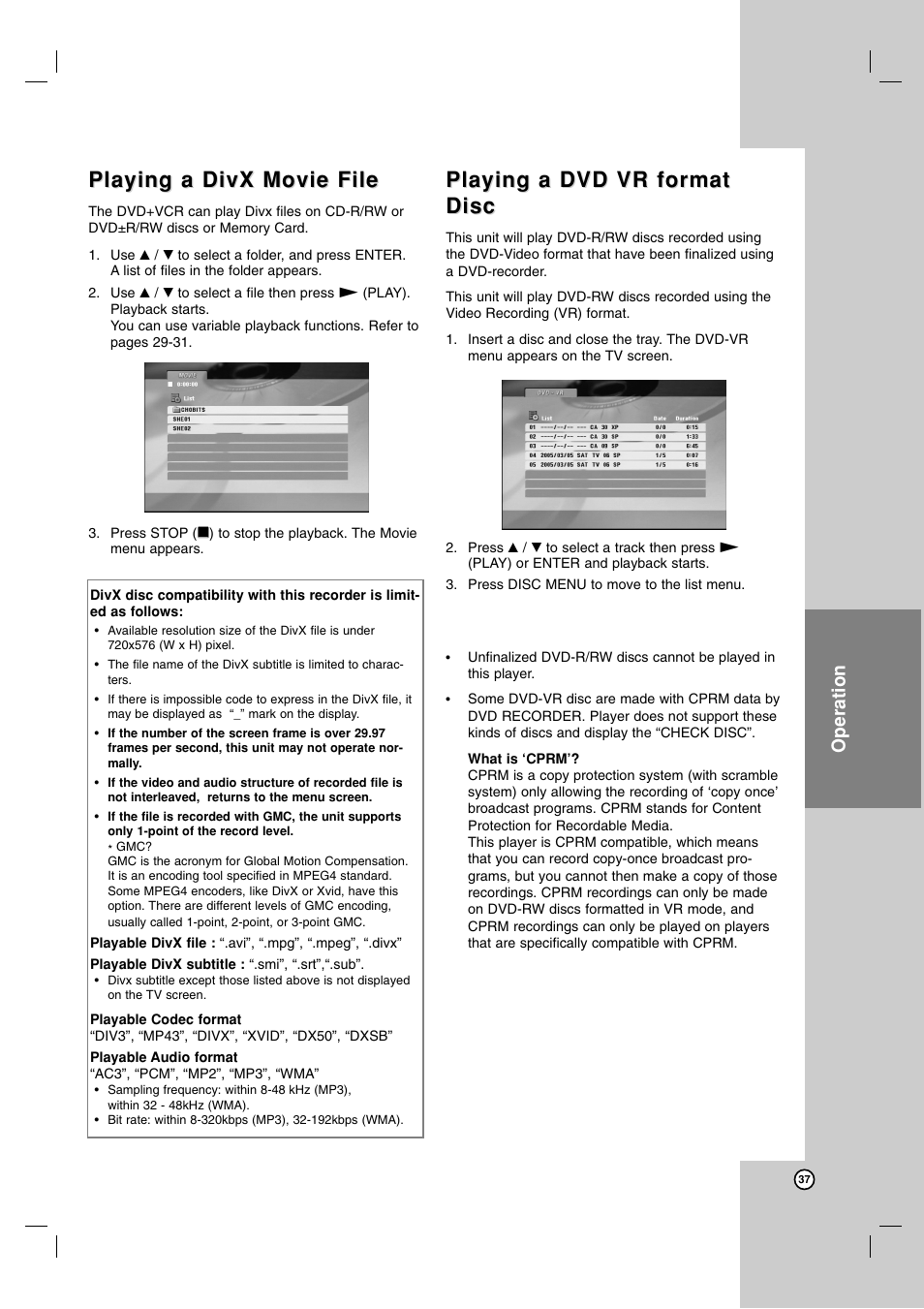 Playing a divx movie file, Playing a dvd vr format, Playing a dvd vr format disc disc | Operation | LG LDX-514 User Manual | Page 37 / 43