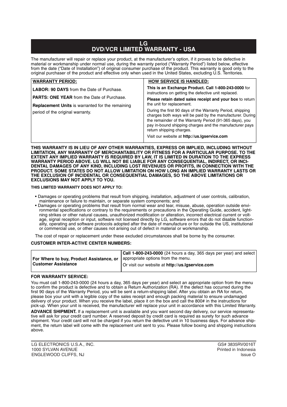Lg dvd/vcr limited warranty - usa | LG LDX-514 User Manual | Page 43 / 43