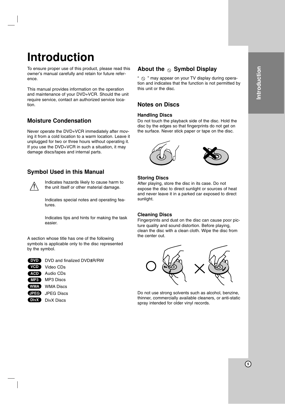 Moisture condensation, Symbol used in this manual, About the symbol display | Introduction | LG LDX-514 User Manual | Page 5 / 43