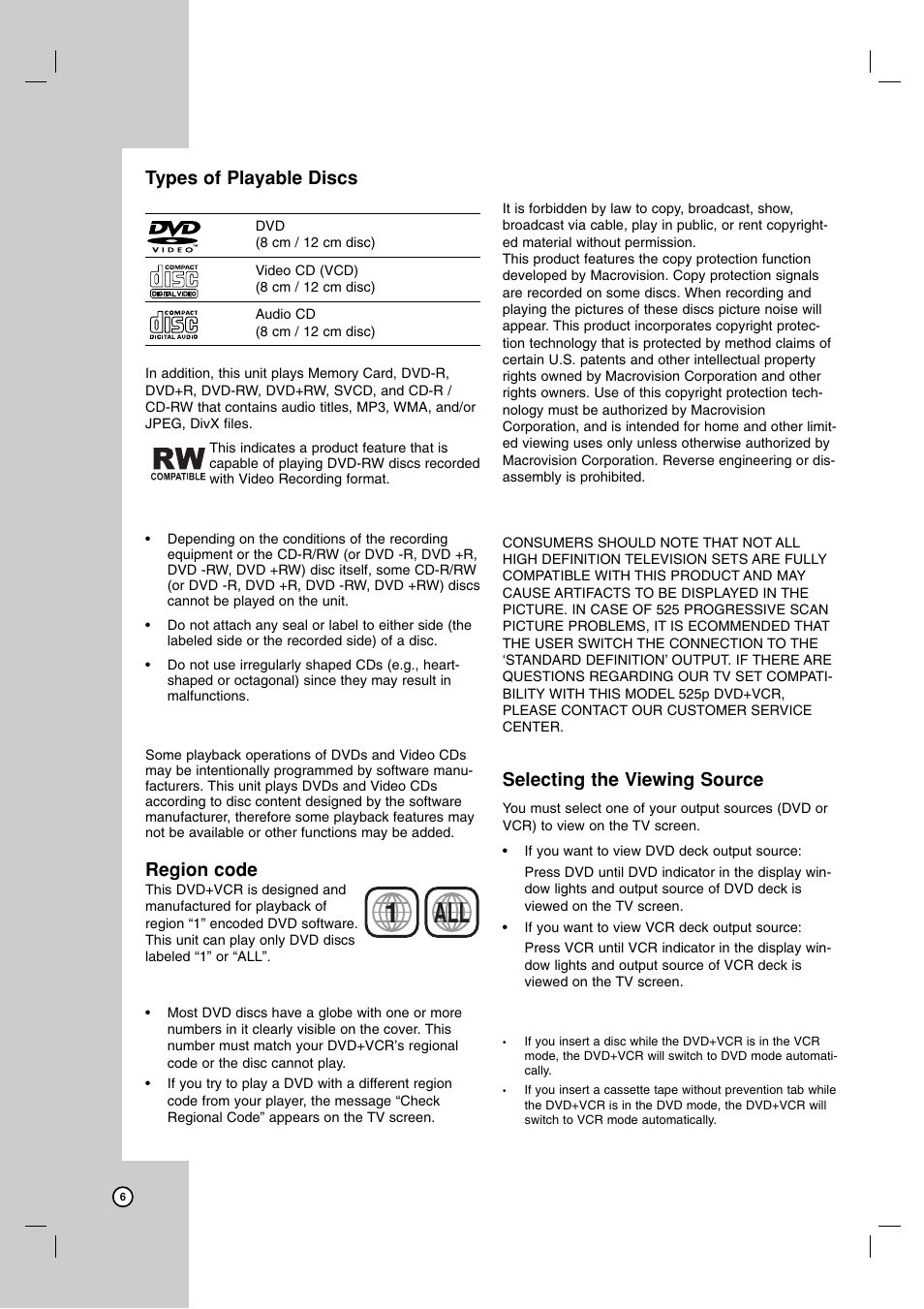 1all, Types of playable discs, Region code | Selecting the viewing source | LG LDX-514 User Manual | Page 6 / 43