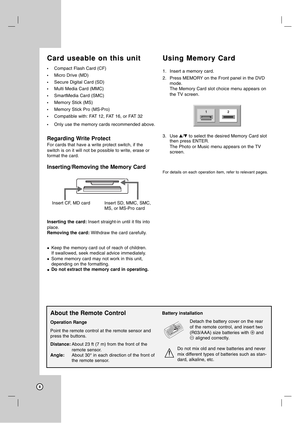 Card useable on this unit, About the remote control | LG LDX-514 User Manual | Page 8 / 43