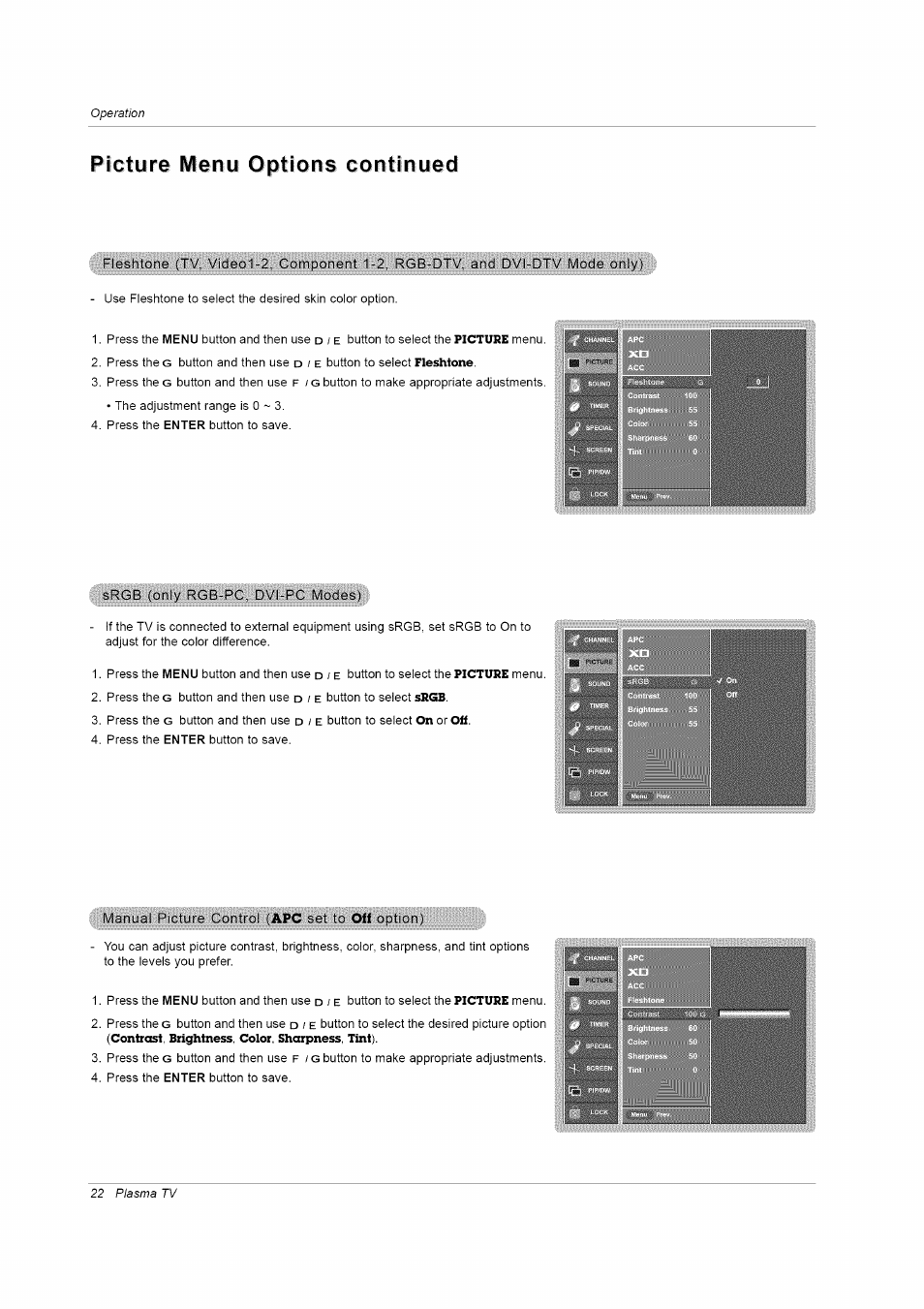 Picture menu options continued | LG RU-42PZ61/71 User Manual | Page 22 / 52