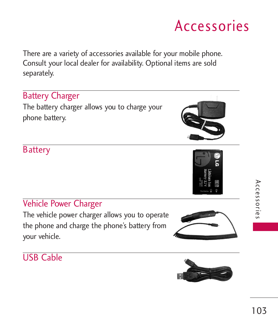 Accessories | LG -UX220 User Manual | Page 105 / 112