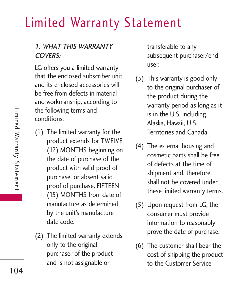 Limited warranty statement, Limited warranty statement | LG -UX220 User Manual | Page 106 / 112