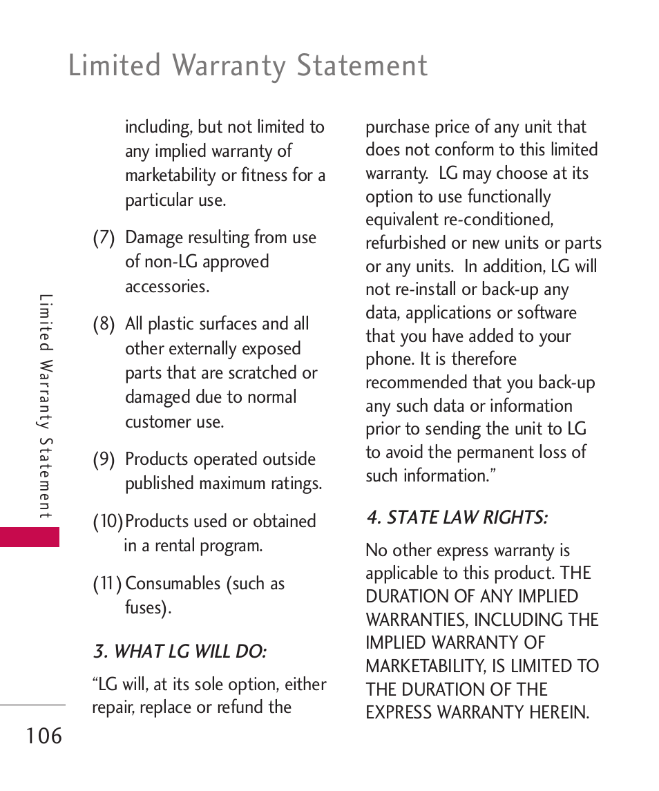 Limited warranty statement | LG -UX220 User Manual | Page 108 / 112